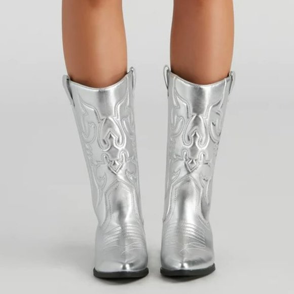Silver Western Cowboy Mid-Calf Boots-Size 11 - Picture 3 of 12